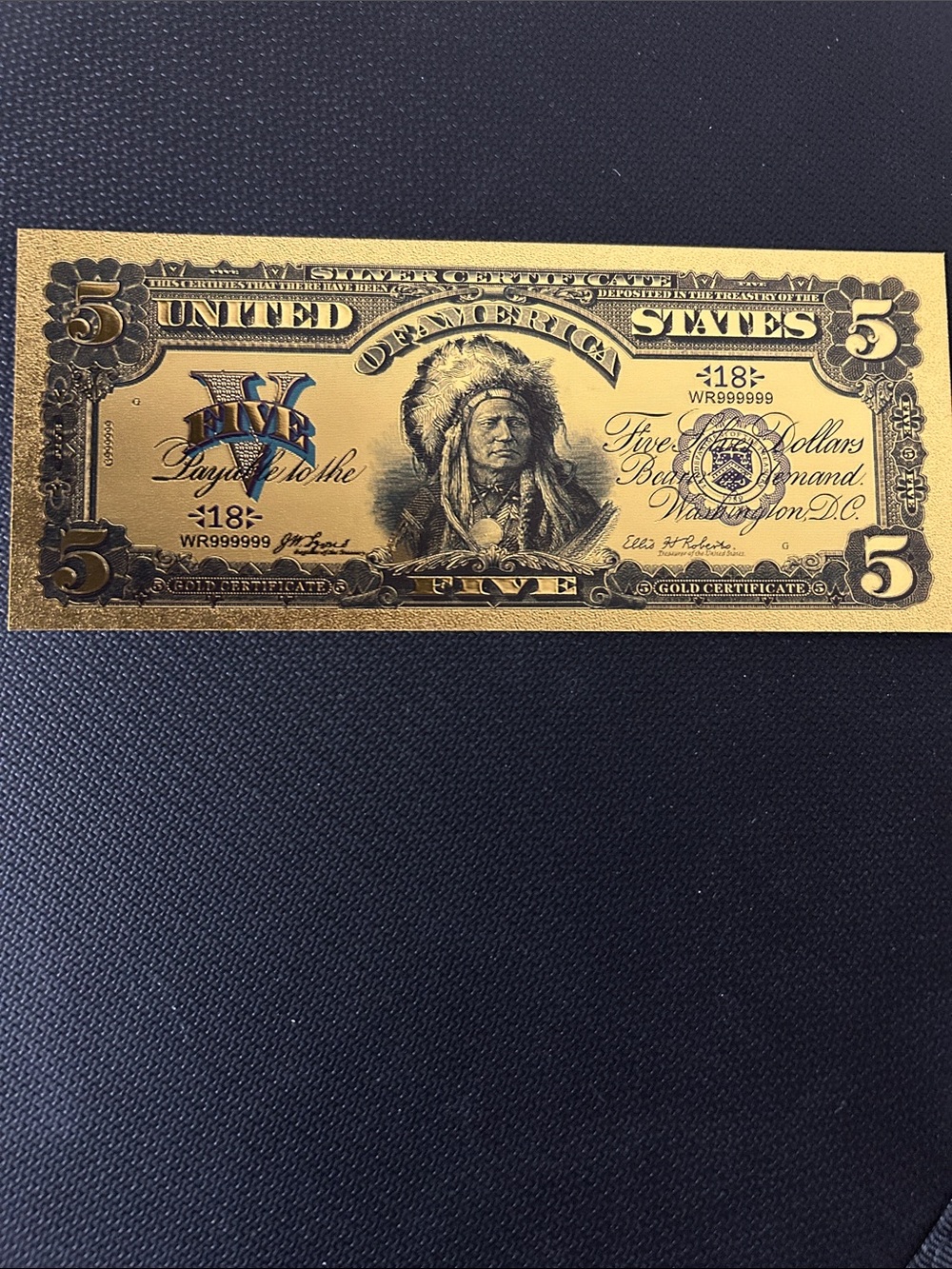 Gold Decorative Five Dollar Novelty Bill - Metallic Accent